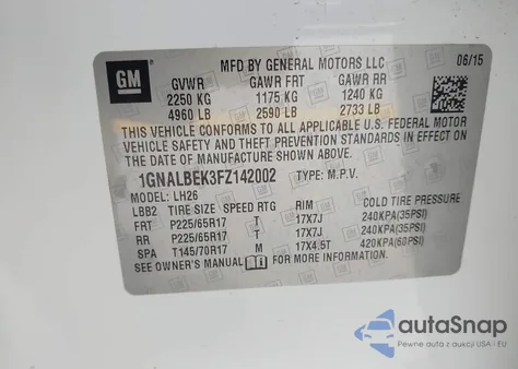 2015 Chevrolet Equinox 1Lt z USA, uszkodzony, nr VIN 1GNALBEK3FZ142002